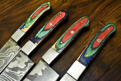 Lot of 4 Handmade Damascus Steel Hunting Chef Knives – 13" Overall, 8" Blade, 5" Hardwood Handle