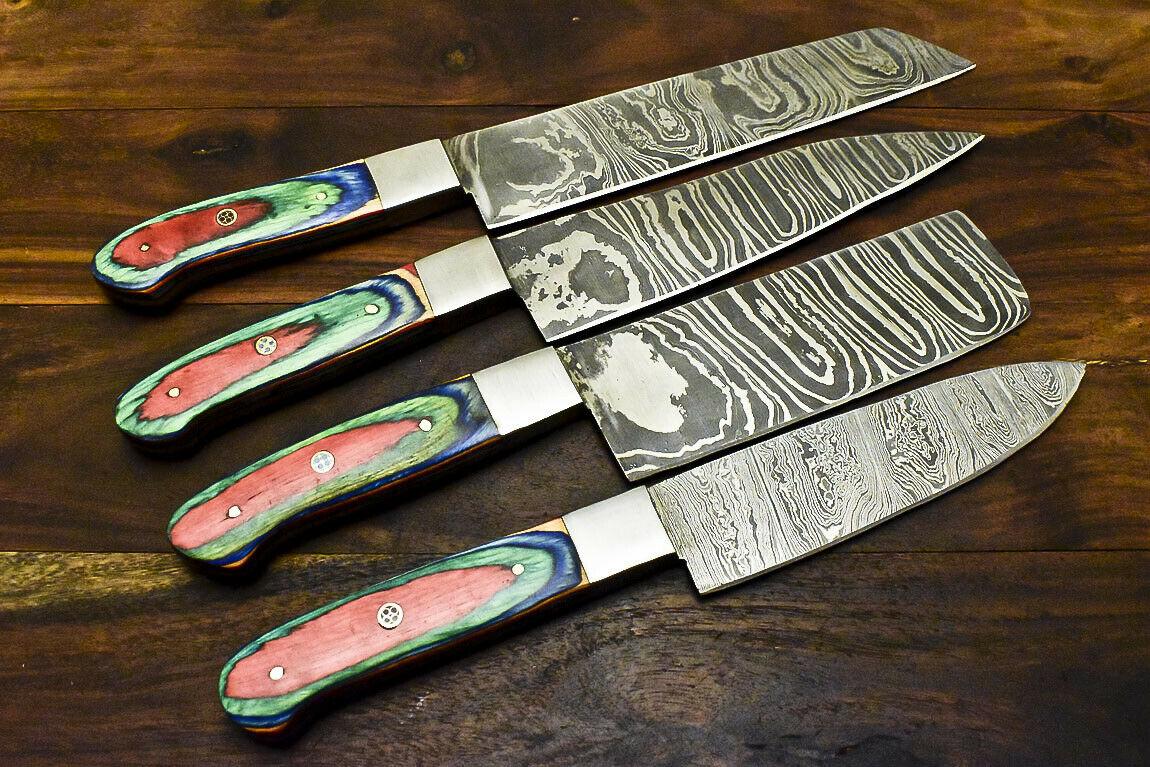 Lot of 4 Handmade Damascus Steel Hunting Chef Knives – 13" Overall, 8" Blade, 5" Hardwood Handle