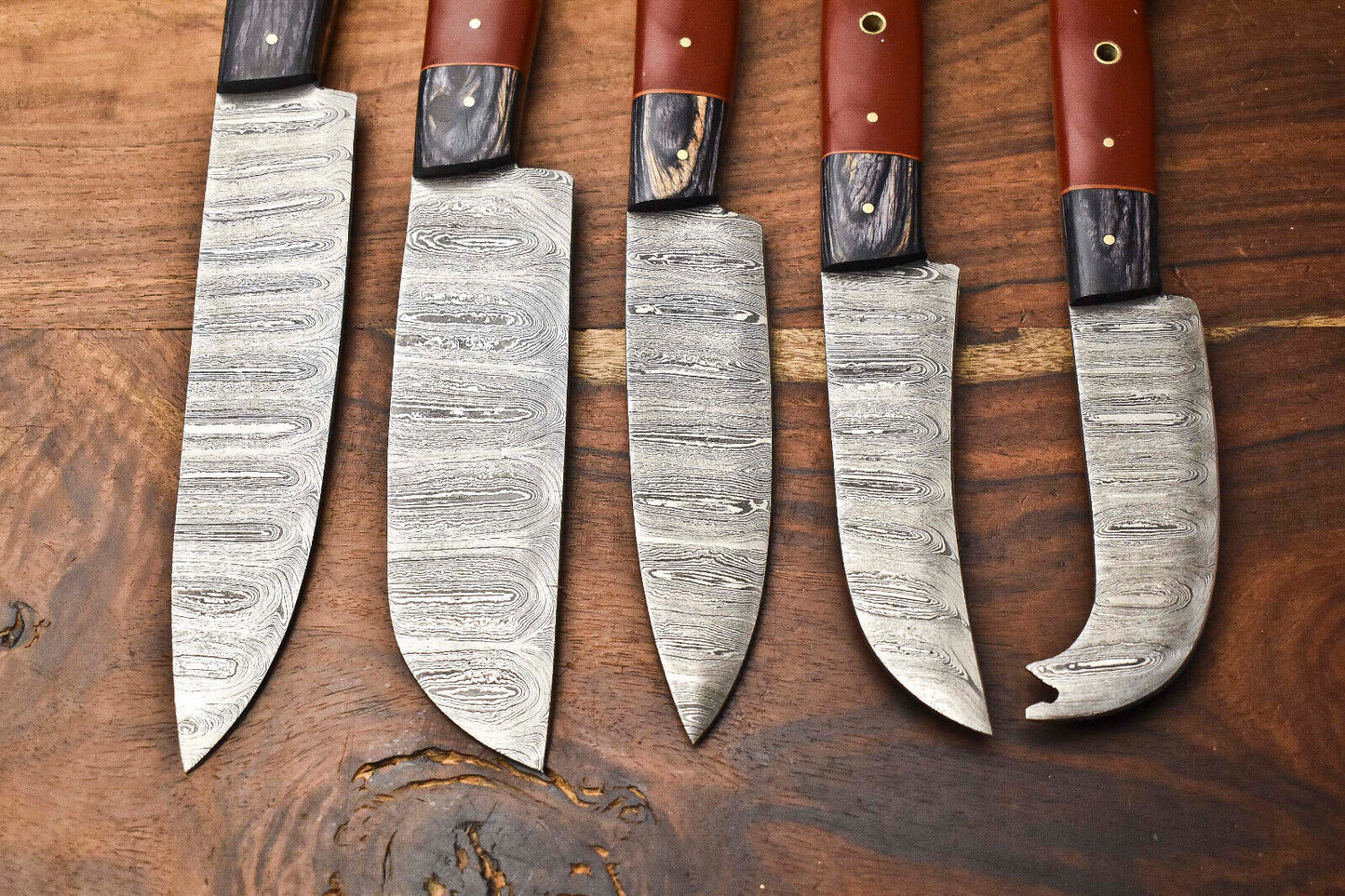 Premium Lot of 5 Handmade Hammered Damascus Steel Chef Knives Set