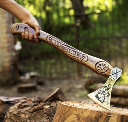 Custom Handmade Carbon Steel Viking Hatchet Tomahawk – Bushcraft Axe with Wooden Handle