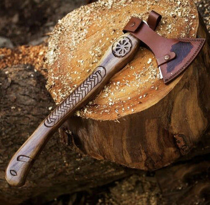 Custom Handmade Carbon Steel Viking Hatchet Tomahawk – Bushcraft Axe with Wooden Handle