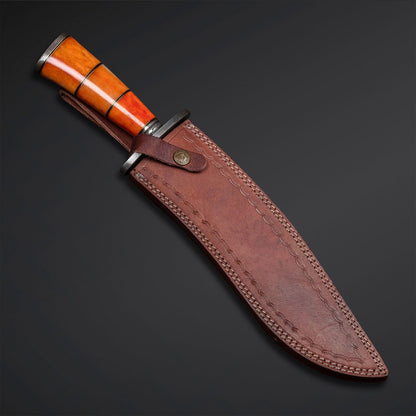 Heritage Forge 12 Inch Damascus Steel Bowie Knife with Antler Bone Handle Full Tang Blade for Hunting and Survival
