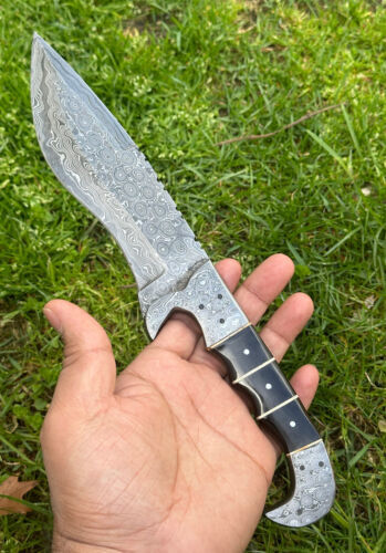 12" Custom Forged Damascus Tracker Knife – Bushcraft Survival Hunting Fixed Blade with Leather Sheath