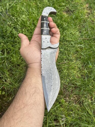 12" Custom Forged Damascus Tracker Knife – Bushcraft Survival Hunting Fixed Blade with Leather Sheath