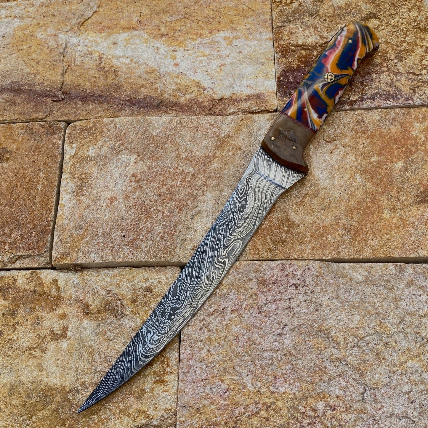 Custom Forged Damascus Steel Fishing Fillet Chef Knife – Resin & Brass Handle