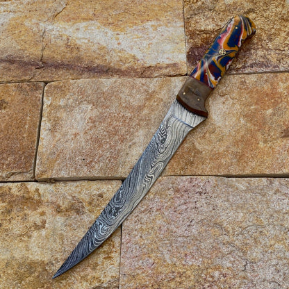 Custom Forged Damascus Steel Fishing Fillet Chef Knife – Resin & Brass Handle