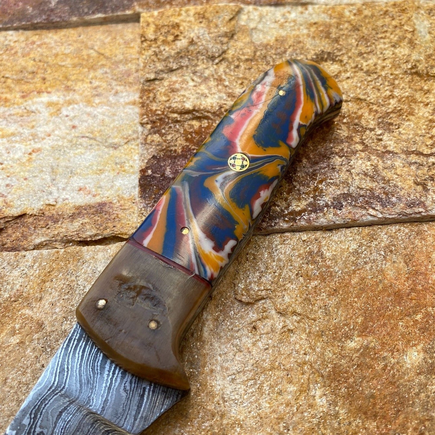 Custom Forged Damascus Steel Fishing Fillet Chef Knife – Resin & Brass Handle