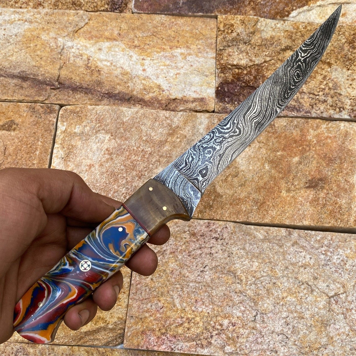 Custom Forged Damascus Steel Fishing Fillet Chef Knife – Resin & Brass Handle