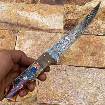 Custom Forged Damascus Steel Fishing Fillet Chef Knife – Resin & Brass Handle