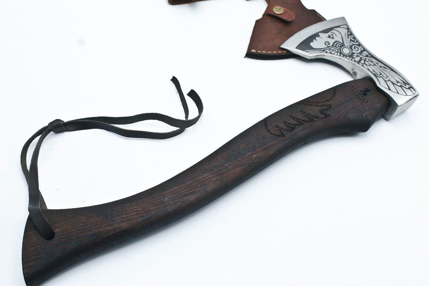 Handmade Etched High Carbon Steel Viking Axe with Ashwood Handle and Leather Sheath