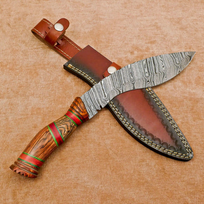 Heritage Forge Handmade Damascus Khukri Kukri Bowie Hunting Knife Pakka Wood Handle