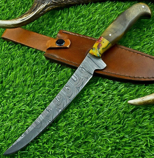 Forged Damascus Steel Fillet Knife – Custom Kitchen Chef Knife with Resin & Natural Wood Handle