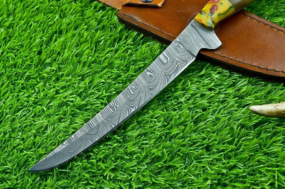 Forged Damascus Steel Fillet Knife – Custom Kitchen Chef Knife with Resin & Natural Wood Handle