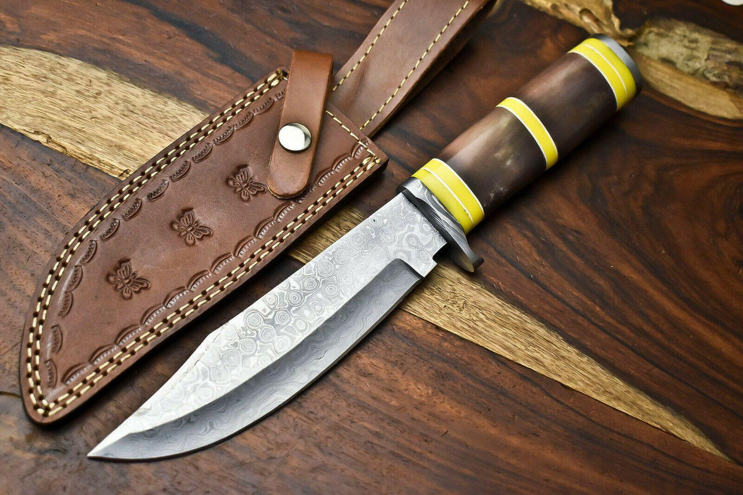 Handmade Damascus Bowie Knife | 12" Hunting Blade with Camel Bone Handle