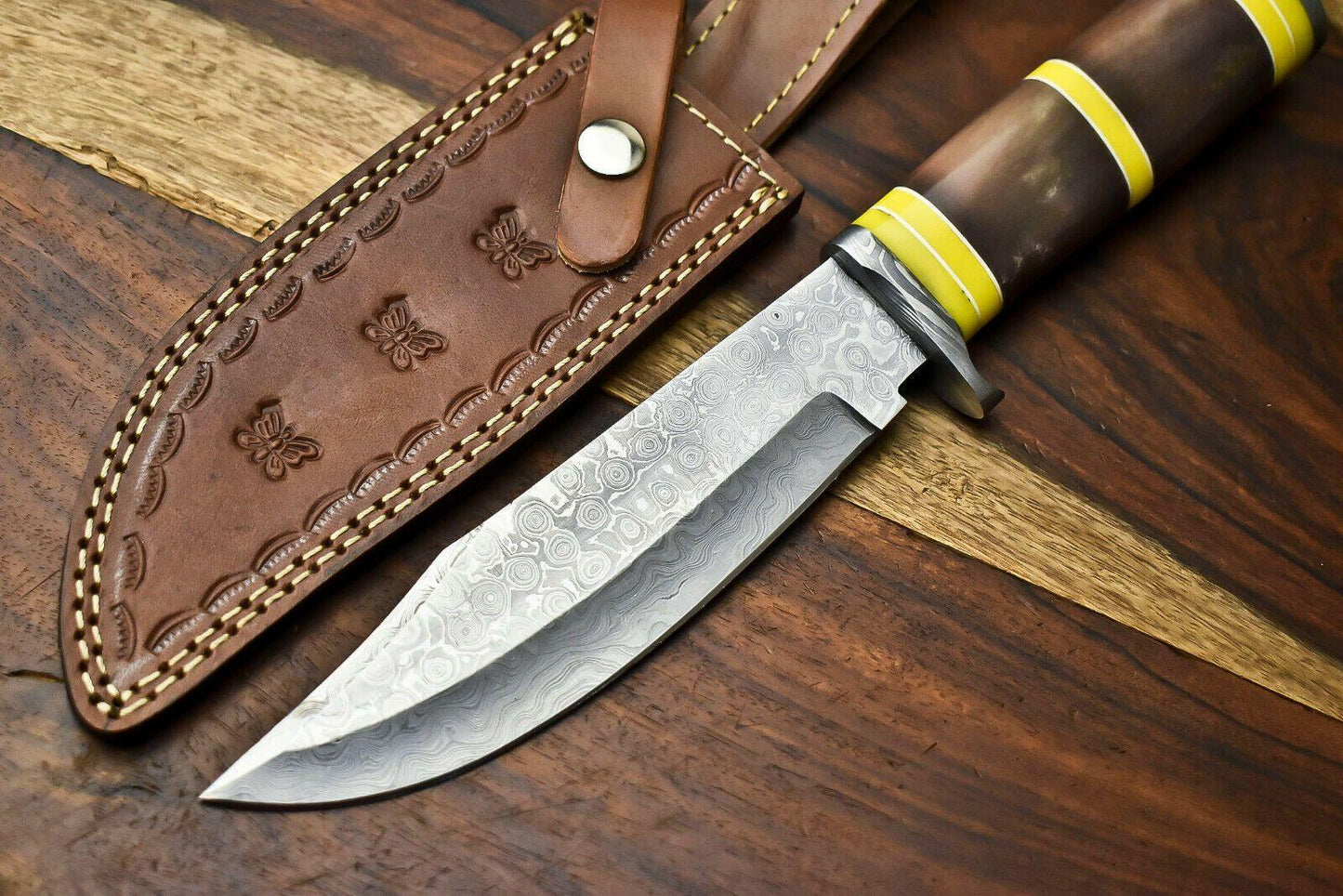 Handmade Damascus Bowie Knife | 12" Hunting Blade with Camel Bone Handle