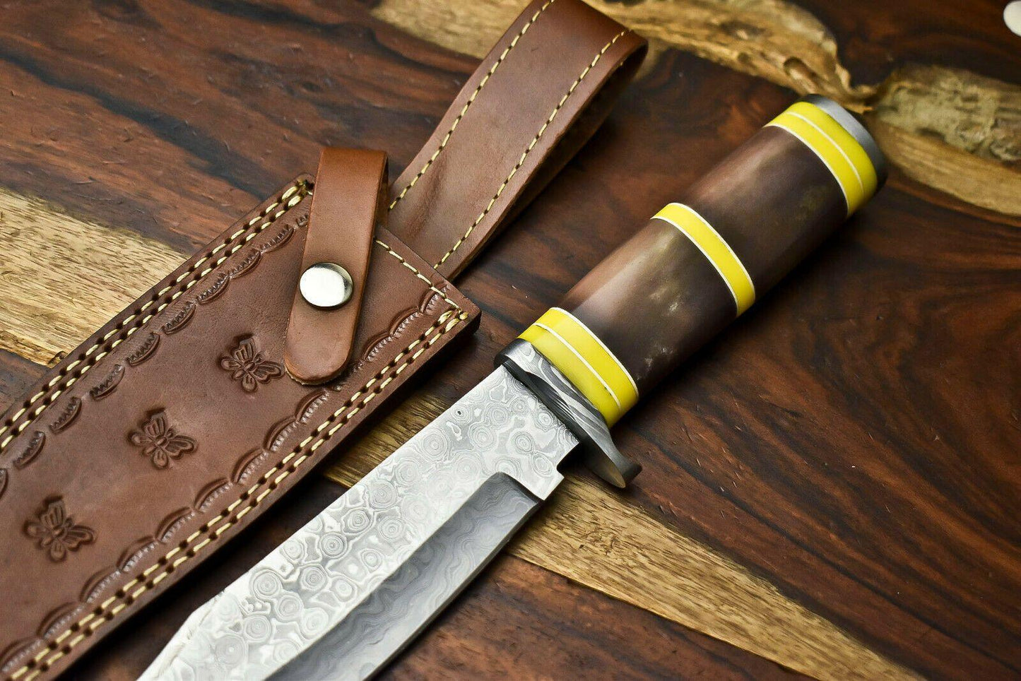 Handmade Damascus Bowie Knife | 12" Hunting Blade with Camel Bone Handle