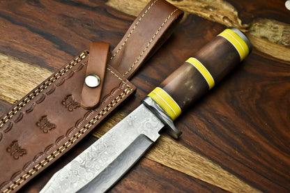 Handmade Damascus Bowie Knife | 12" Hunting Blade with Camel Bone Handle