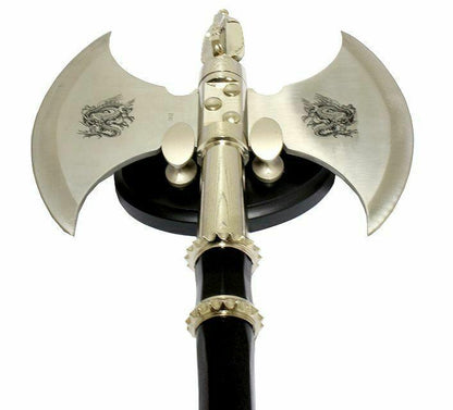 Medieval Dragon 21" Double Battle Axe – Viking & Roman Warrior Style with Wall Plaque