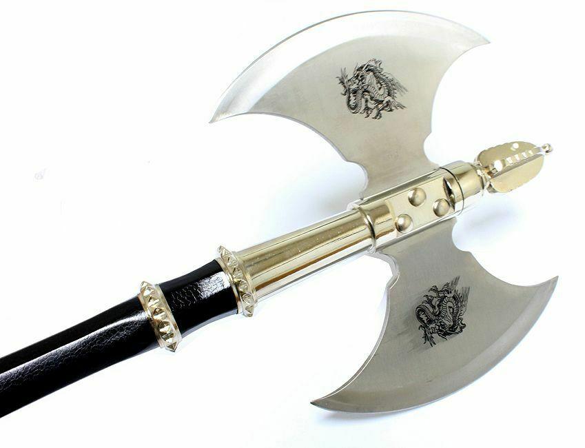Medieval Dragon 21" Double Battle Axe – Viking & Roman Warrior Style with Wall Plaque