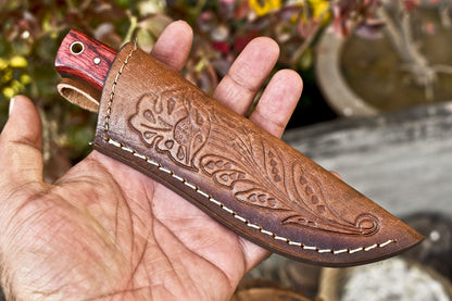 Limited Edition Damascus Skinner Hunting Knife with Hardwood Handle and Leather Sheath
