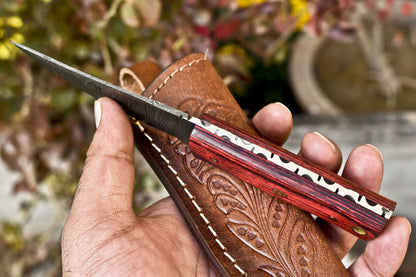 Limited Edition Damascus Skinner Hunting Knife with Hardwood Handle and Leather Sheath