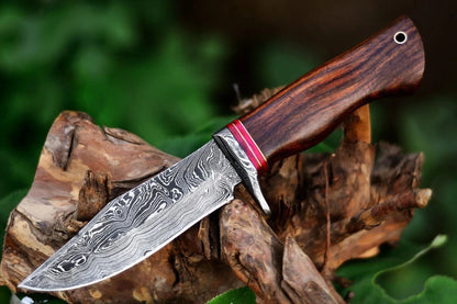 Heritage Forge 10 Inch Damascus Steel Bushcraft Knife with Rosewood Handle and Leather Sheath for Hunting and Survival