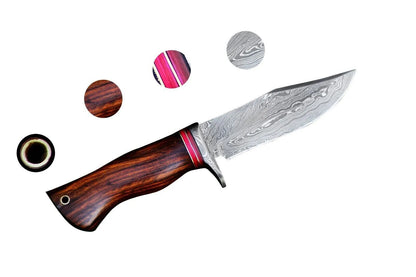 Heritage Forge 10 Inch Damascus Steel Bushcraft Knife with Rosewood Handle and Leather Sheath for Hunting and Survival
