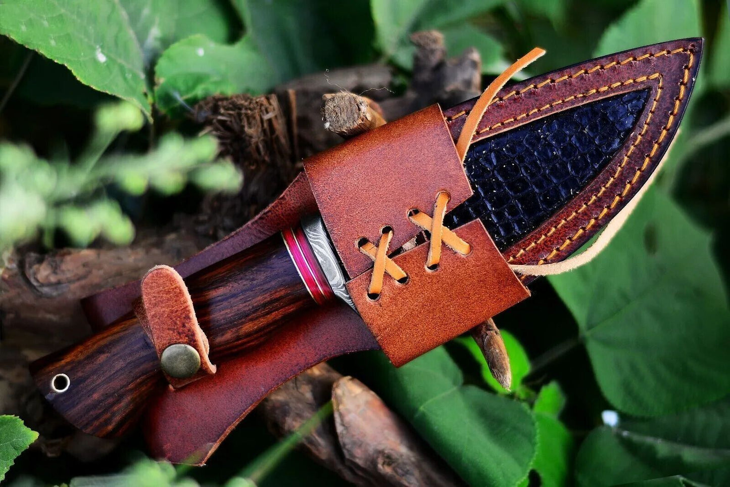 Heritage Forge 10 Inch Damascus Steel Bushcraft Knife with Rosewood Handle and Leather Sheath for Hunting and Survival