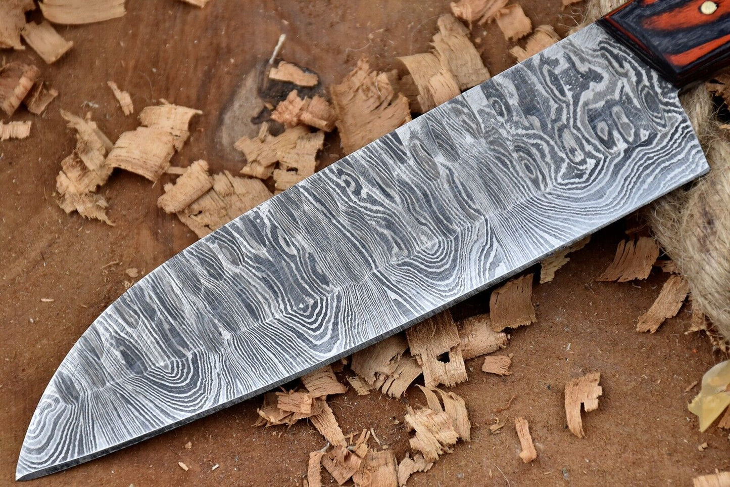 Handmade Custom Damascus Steel Chef Knife – Full Tang Kitchen Knife with Black & Orange Dollar Sheet Handle