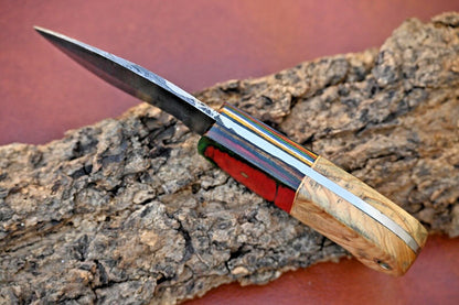 Twist Pattern Damascus Skinner Knife with Wood Handle and Leather Sheath