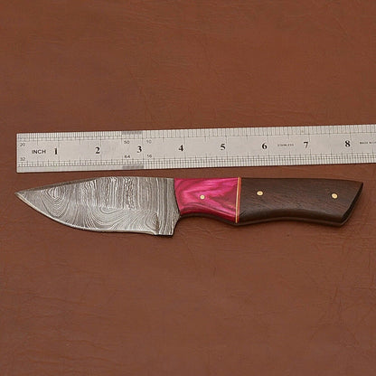 Wood Handle Damascus Steel Skinning Knife – 8 Inch Fixed Blade for Hunting and Camping