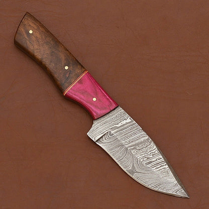 Wood Handle Damascus Steel Skinning Knife – 8 Inch Fixed Blade for Hunting and Camping