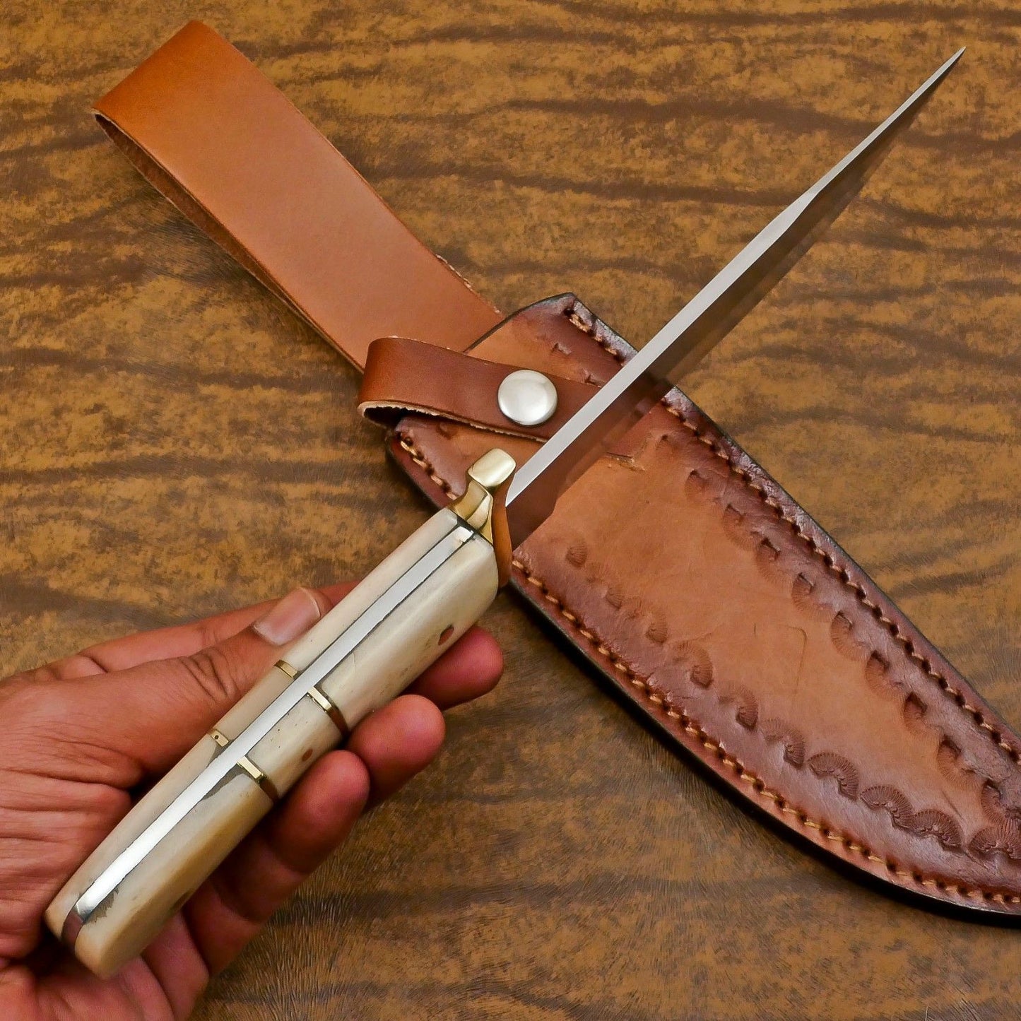 Handmade 13-Inch D2 Steel Full Tang Bowie Hunting Knife with Camel Bone Handle