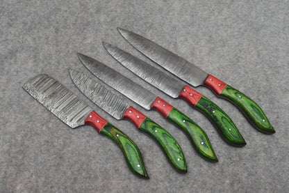 Handmade Damascus Steel Chef Knife Set 5Pcs with Leather Roll, Hand Forged