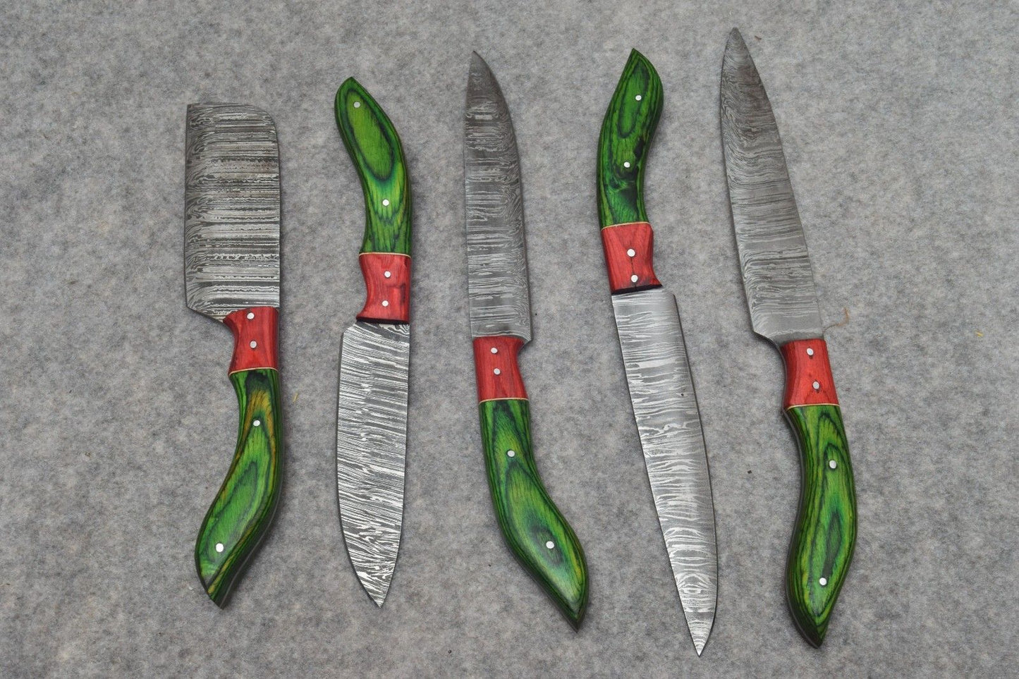 Handmade Damascus Steel Chef Knife Set 5Pcs with Leather Roll, Hand Forged