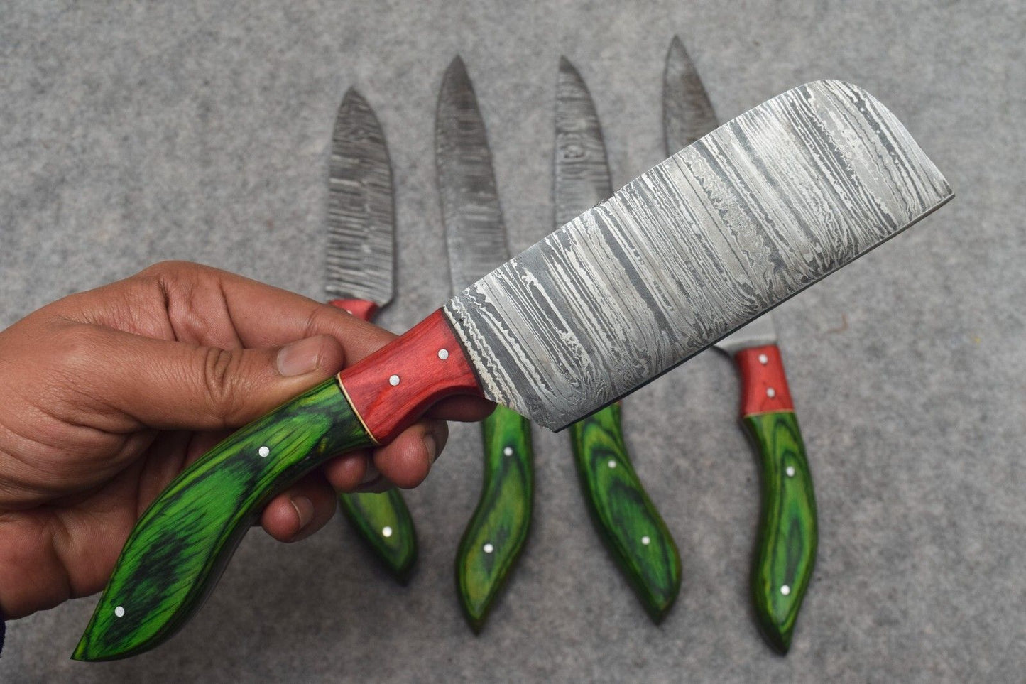 Handmade Damascus Steel Chef Knife Set 5Pcs with Leather Roll, Hand Forged