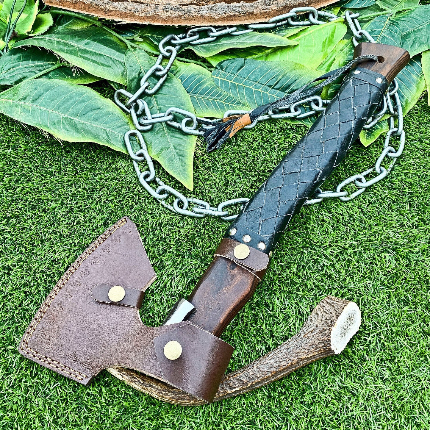 Custom Handmade Carbon Steel Etched Viking Tomahawk Hatchet Axe EDC with Walnut Wood Leather Wrapped Handle and Sheath