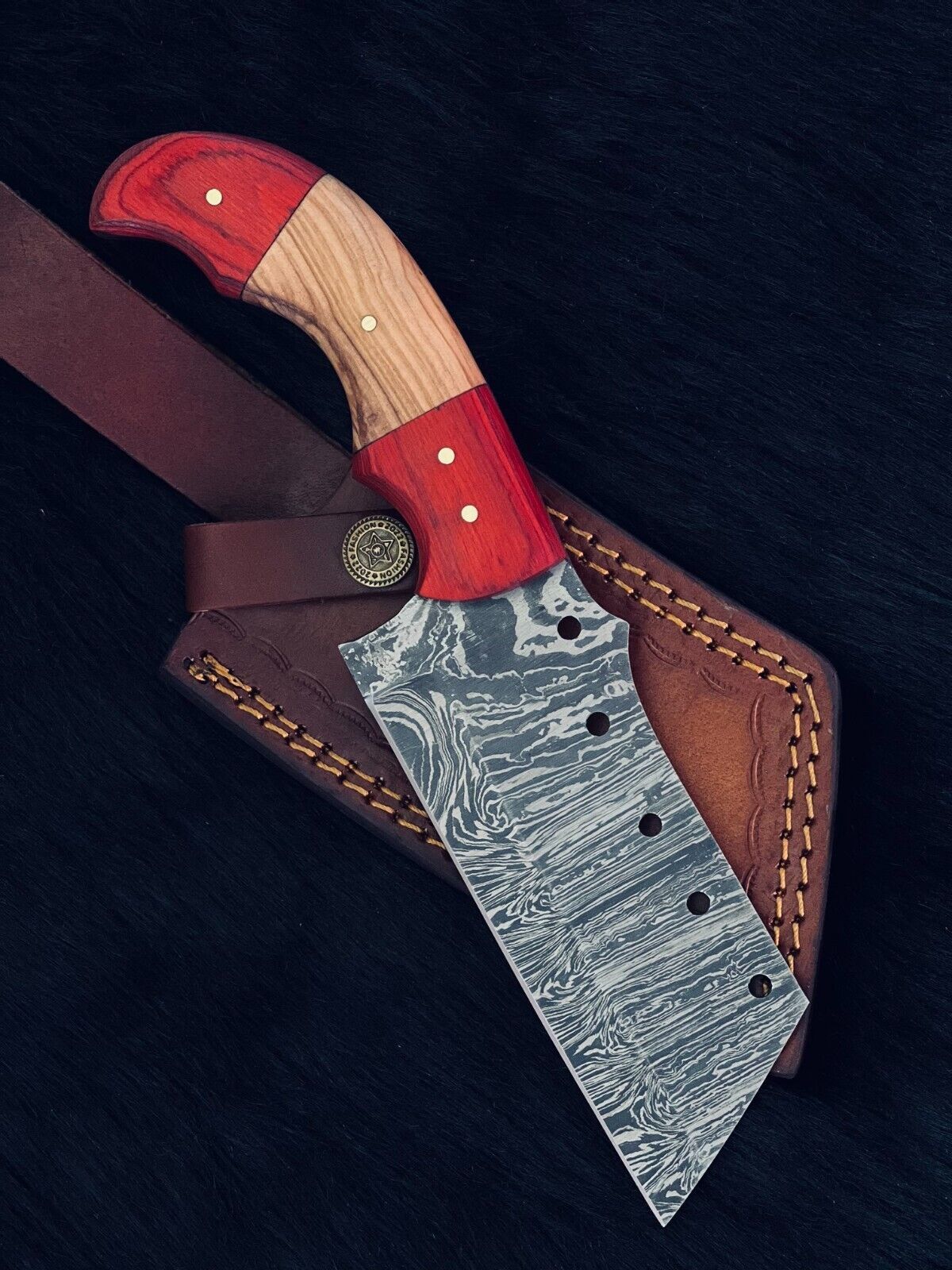 Heritage Forge 9.5 Inch Damascus Steel Cleaver Hunting Knife with Camel Bone and Wood Handle