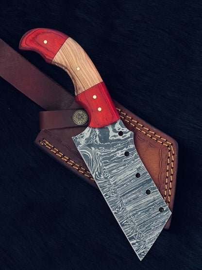 Heritage Forge 9.5 Inch Damascus Steel Cleaver Hunting Knife with Camel Bone and Wood Handle