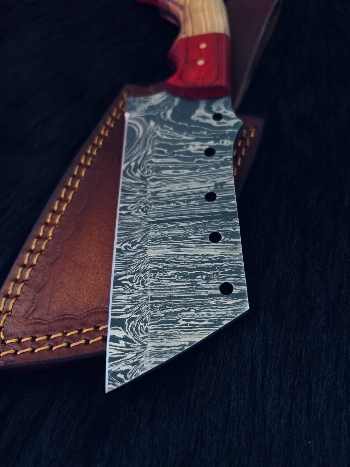 Heritage Forge 9.5 Inch Damascus Steel Cleaver Hunting Knife with Camel Bone and Wood Handle