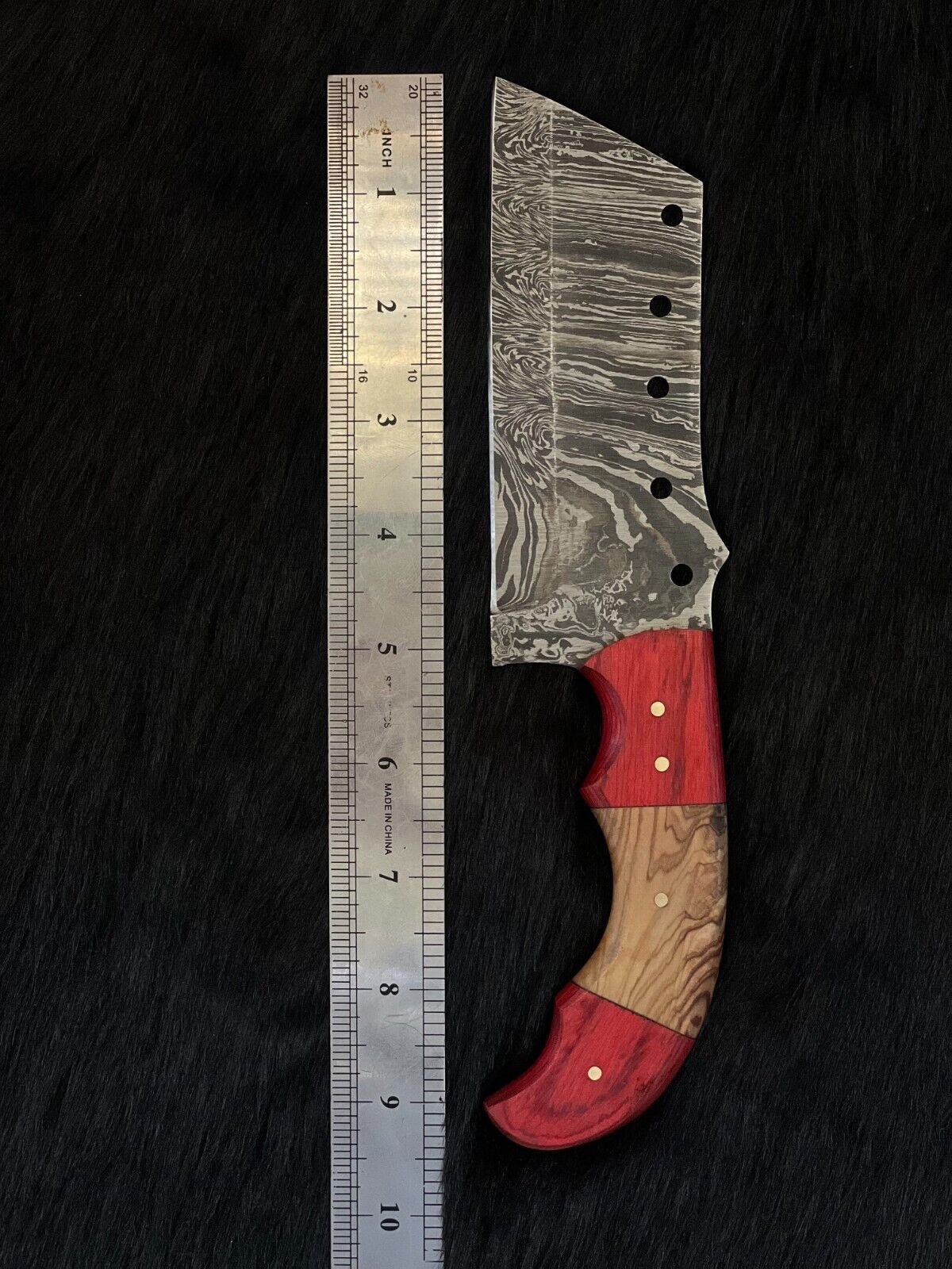 Heritage Forge 9.5 Inch Damascus Steel Cleaver Hunting Knife with Camel Bone and Wood Handle