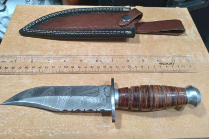 Heritage Forge 10 Inch Damascus Steel Fixed Blade Bowie Knife with Lathed Wood Handle and Leather Sheath