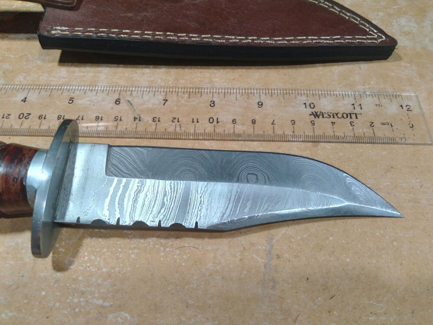 Heritage Forge 10 Inch Damascus Steel Fixed Blade Bowie Knife with Lathed Wood Handle and Leather Sheath