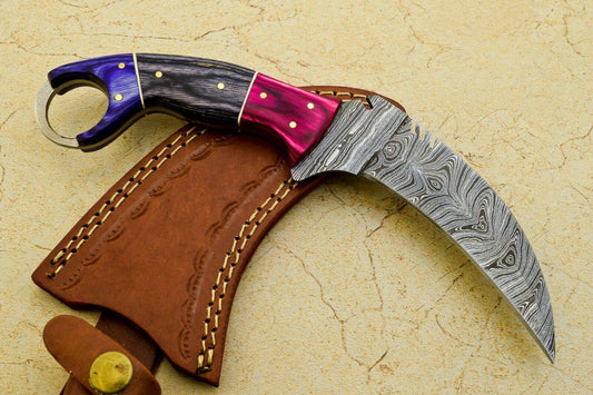9" Custom Damascus Karambit Full Tang Karambit Damascus Steel Knife With Wood Handle