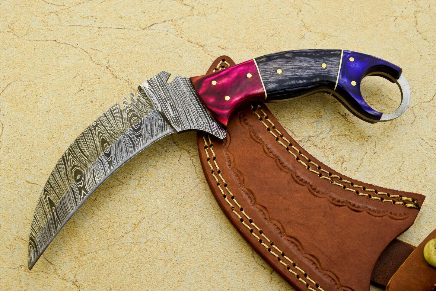 9" Custom Damascus Karambit Full Tang Karambit Damascus Steel Knife With Wood Handle
