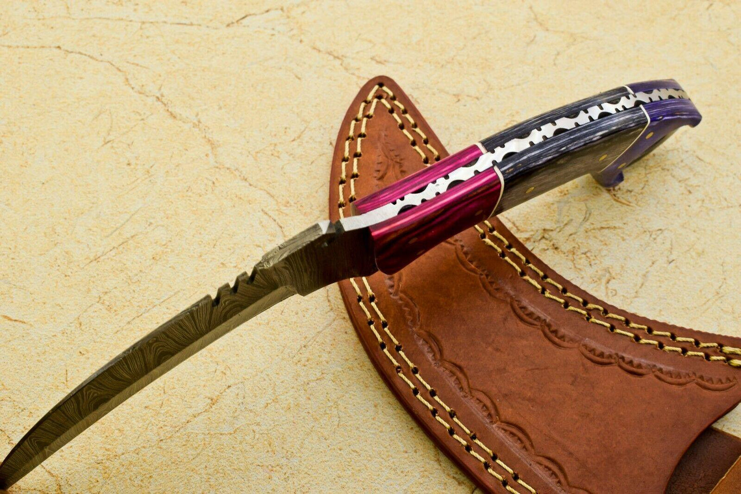 9" Custom Damascus Karambit Full Tang Karambit Damascus Steel Knife With Wood Handle