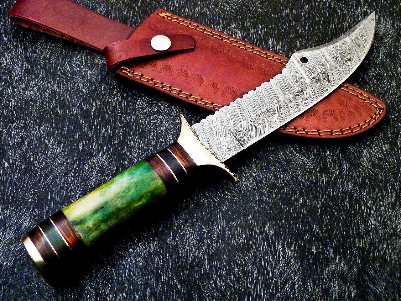 Heritage Forge 12 Inch Handmade Damascus Steel Bowie Hunting Knife with Camel Bone and Hardwood Handle