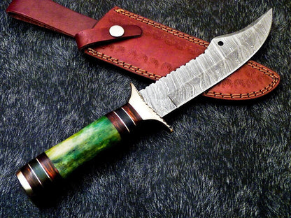 Heritage Forge 12 Inch Handmade Damascus Steel Bowie Hunting Knife with Camel Bone and Hardwood Handle