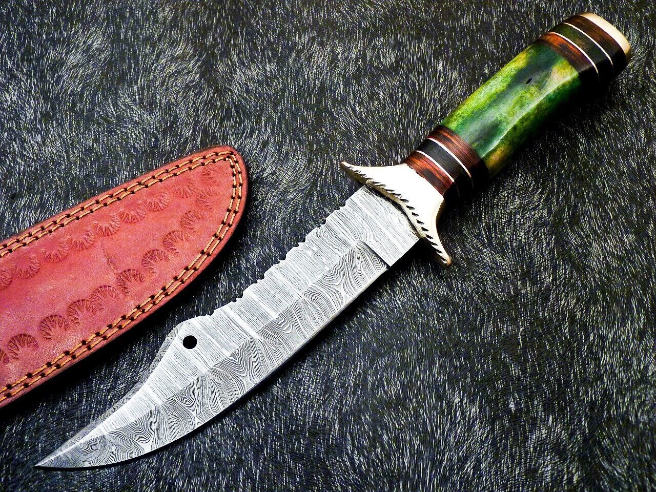 Heritage Forge 12 Inch Handmade Damascus Steel Bowie Hunting Knife with Camel Bone and Hardwood Handle