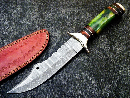 Heritage Forge 12 Inch Handmade Damascus Steel Bowie Hunting Knife with Camel Bone and Hardwood Handle